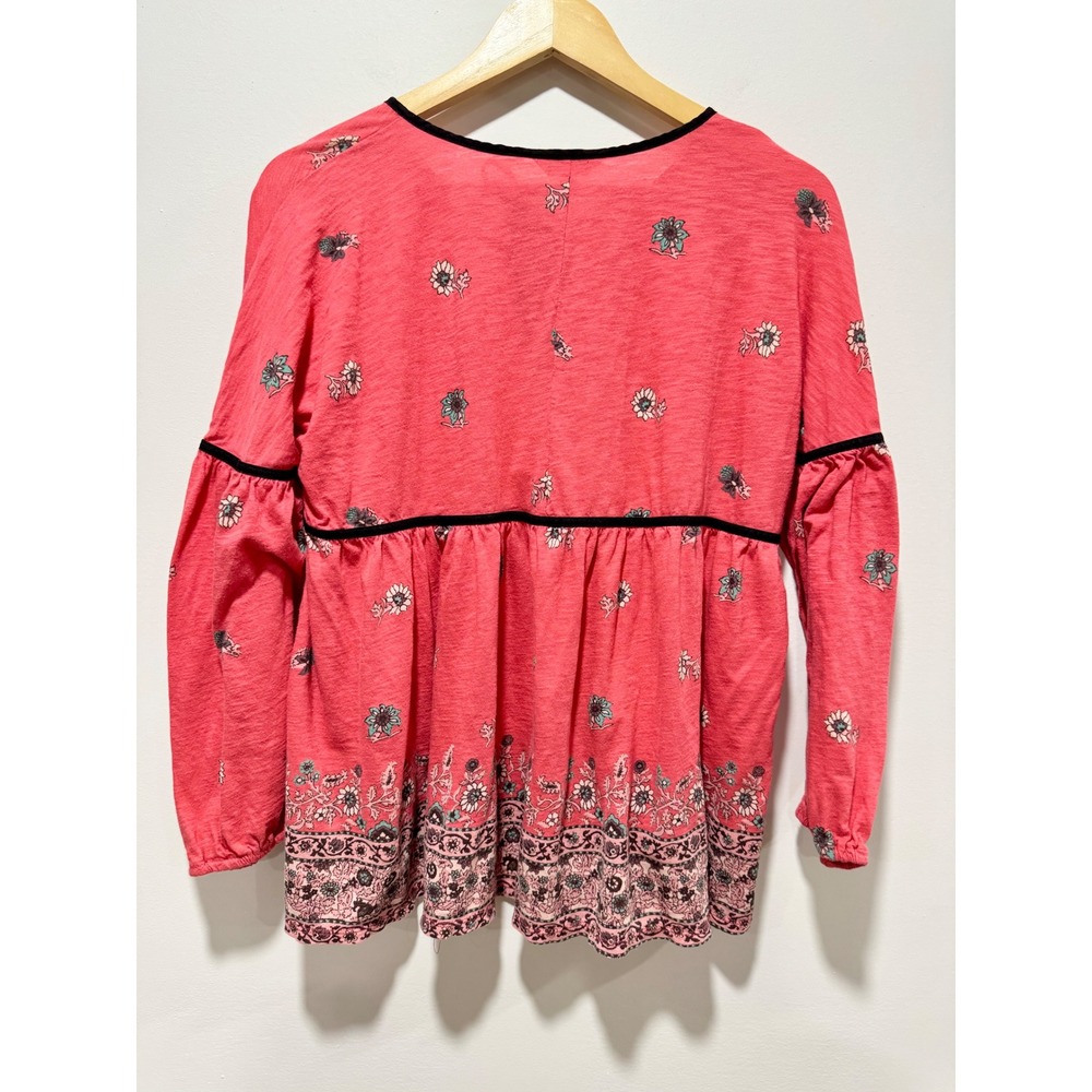 Lucky Brand Womens Pink Floral Border Print Peasant Blouse Long Sleeve Top L - Picture 2 of 7